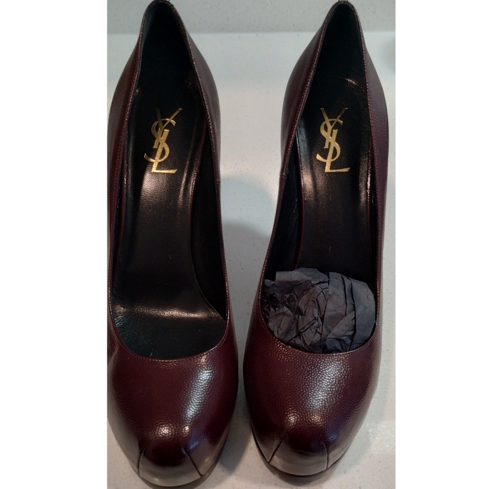 Yves Saint Laurent Burgundy Pebbled Leather Platform Pumps with Gold Logo